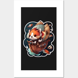 Red Panda on a Pirate Ship in Space Sticker Posters and Art